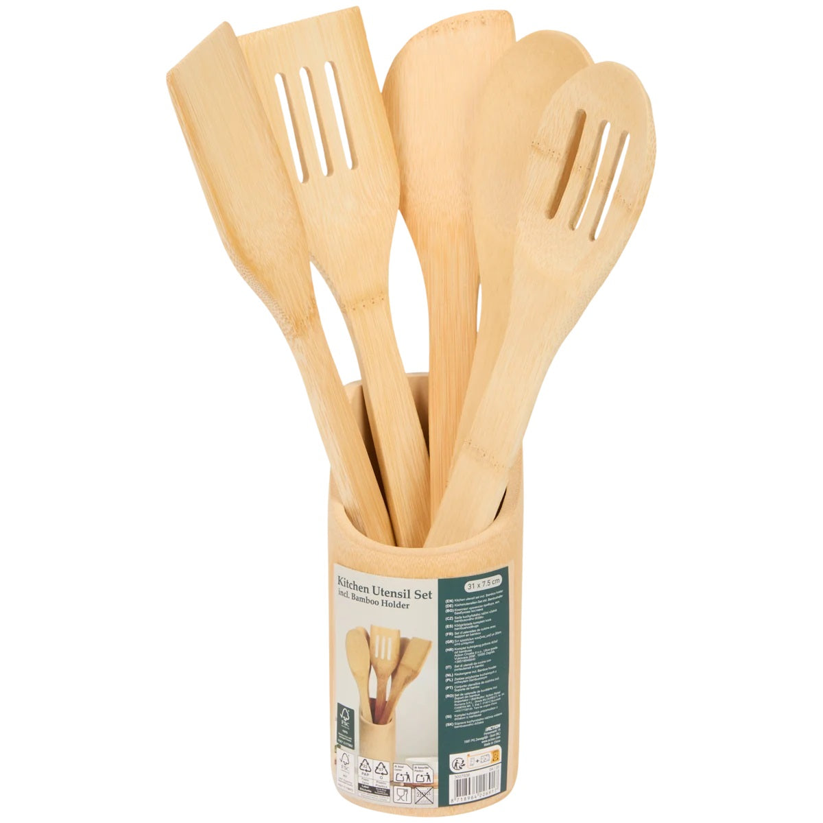 Set d’Ustensiles de Cuisine en Bambou – 6 Pièces avec Support