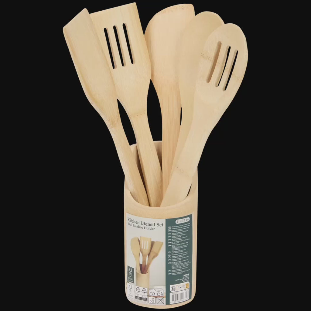 Set d’Ustensiles de Cuisine en Bambou – 6 Pièces avec Support
